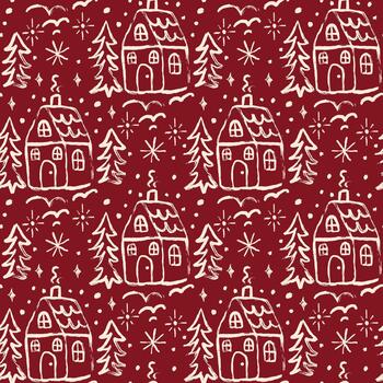 Hand-drawn Christmas seamless pattern with textured brush lines, houses, trees, doodle snowflakes and stars on a deep red background. Seamless pattern for wrapping paper and seasonal designs vector
