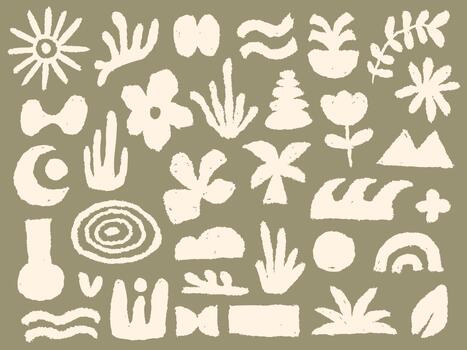 Large set of abstract organic boho shapes and botanical elements with linocut texture on sage green background for branding or pattern vector