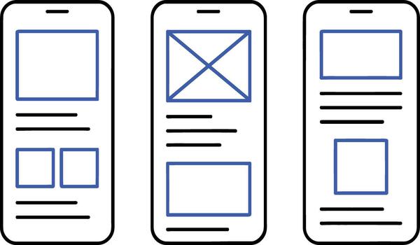 Mobile app wireframe design template for content manager, user interface layout, mobile UX, and app development vector