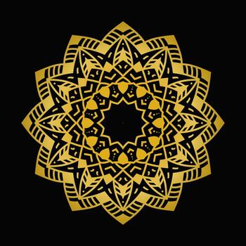 Gold Geometric Ornament Intricate Design Circular Art Ornamental Element Luxury Shape Decorative Motif Lacy Pattern Symmetric Composition on Black vector