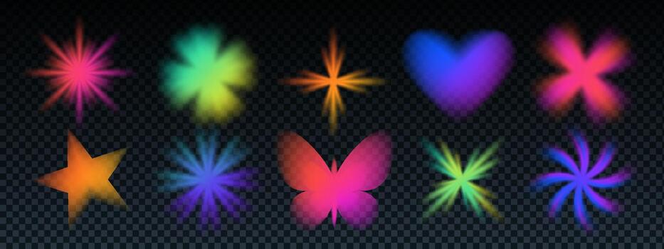 degradado flor, corazón, estrella, y mariposa difuminar elemento en y2k estilo con brillante formas degradado flor y2k conjunto en rosa, naranja, verde, y azul tonos y neón holográfico brillo. vector