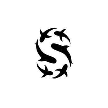 A dynamic black silhouette of fish circling to form the letter 'S' or a spiral shape. This clever logo symbolizes unity, flow, ocean life, and the dynamic movement of nature. vector