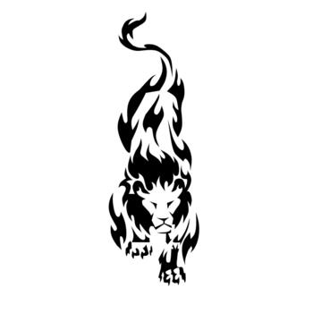 un sorprendentes negro y blanco ilustración de un majestuoso león caminando adelante, prestados en un dinámica, ardiente tribal estilo con fluido llamas creando sus silueta. vector