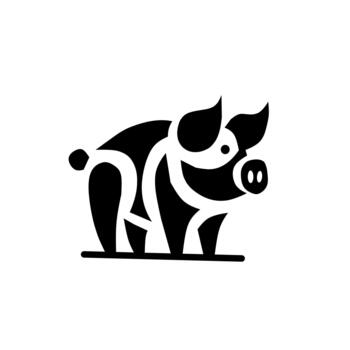 A charming, stylized black and white silhouette of a pig, rendered with bold, minimal lines and abstract curves that create a modern, graphic, and friendly animal logo. vector