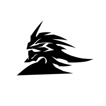 un dinámica negro y blanco silueta de un feroz guerrero o mitológico de la criatura cabeza en perfil, presentando afilado, agresivo líneas y un sorprendentes, puntiagudo casco diseño. vector