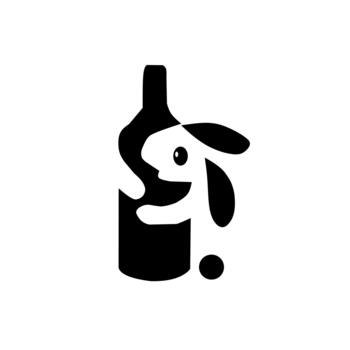 A clever black and white logo using negative space, featuring a cute, minimal rabbit hugging a dark bottle, ideal for wine, spirits, or beverage branding with a friendly mascot. vector