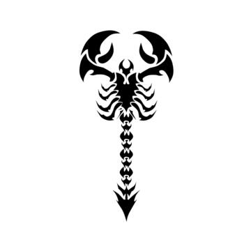 un sorprendentes negro y blanco tribal ilustración de un escorpión con grande garras y un prominente, segmentario cola, parecido a un estilizado columna vertebral, transporte un sentido de peligro y fuerza. vector