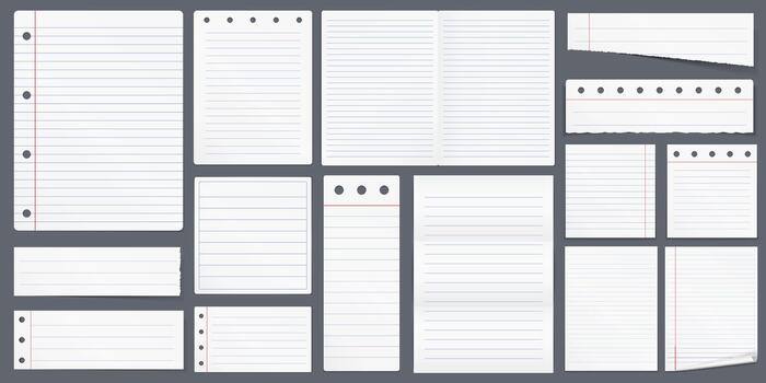 Set of blank lined paper, notebook, A4 paper vector