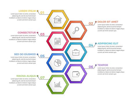 Infographic template with seven options or steps with hexagon, process, workflow template vector