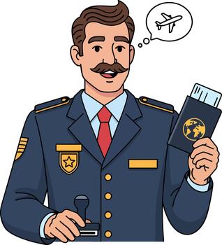 Smiling border agent with a distinct mustache, dressed in uniform, holds a passport and an official stamp, symbolizing efficient and welcoming international travel processing and security vector