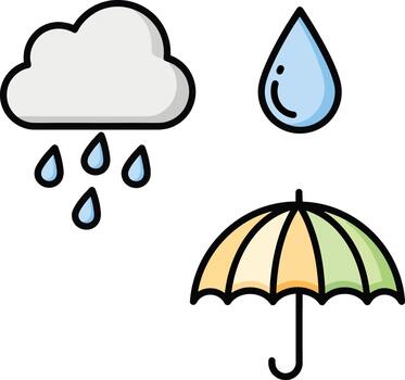 vistoso plano diseño íconos para clima pronóstico, incluso un nube con que cae lluvia, un soltero agua gotita, y un abierto paraguas Proporcionar abrigo vector