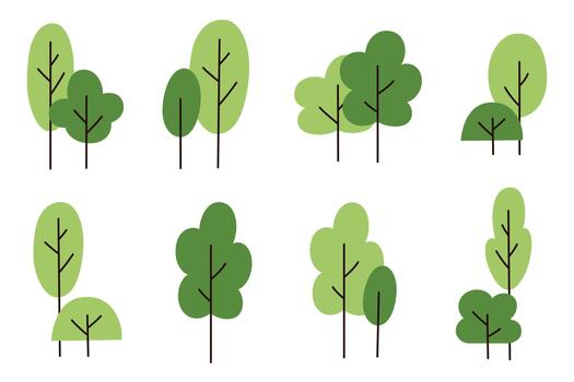 ilustración conjunto con plano dibujos animados mínimo garabatear arboles y arbustos, sencillo mano dibujado verdor recopilación, moderno botánico elementos para eco proyectos, marca, patrones, calma naturaleza visuales vector
