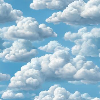 Seamless pattern of white clouds on a blue sky. Cumulus clouds in a blue sky. Photorealistic background, soft daylight, uniform clouds, repeatable pattern, close-up. photo