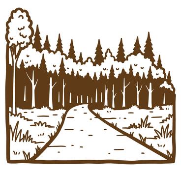 Illustrated pathway winding through a detailed forest scene with trees and grass elements. vector