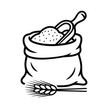 Line drawing of a burlap sack overflowing with grain and a wooden scoop with wheat stalk vector