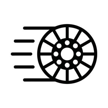 Abstract icon of a spinning wheel with motion lines representing speed and movement vector