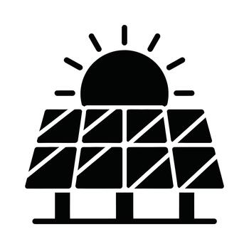 Simple silhouette icon of a solar panel array with the sun shining brightly behind vector