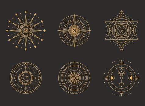 Set of moon and sun line art. Minimal boho linear symbols vector