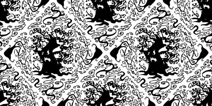 repeating abstract pattern presented in stark black and white. The design is highly dynamic and chaotic, composed of intricate hand-drawn squiggles, fluid swirls, and aggressive vector