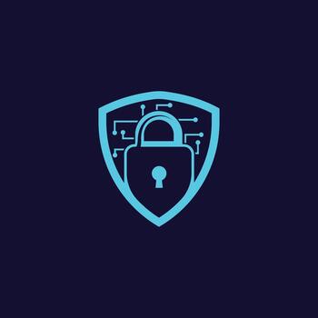 Cyber security shield icon with padlock and digital circuit lines, data protection logo concept vector