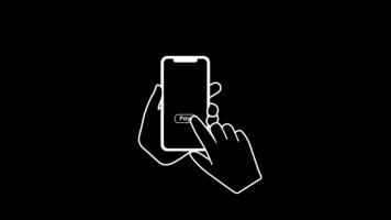 digital betalning animation, linje illustration av smartphone med betala, knapp och Bekräftelse bock för kontaktlös finansiell transaktion. video