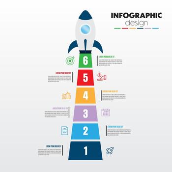 Rocket paper art infographic starts with 6 step vertical data templates. vector