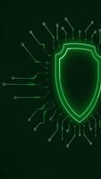 digital segurança escudo com digitalização linhas em verde circuitos vertical. video