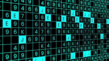 digital dados rede com cartas, números, e inclinação perspectiva. video