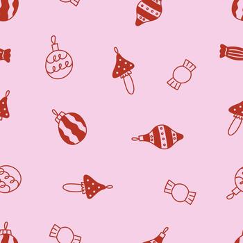 Coquette aesthetic seamless pattern. elegant background with Christmas decoration and candies. Outline retro pattern on pink background. vector