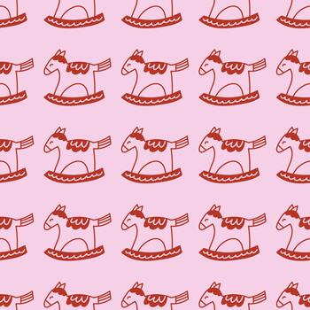 Coquette aesthetic seamless pattern. elegant background with Christmas rocking horses. Outline retro pattern on pink background. vector
