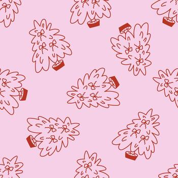 Coquette aesthetic seamless pattern. elegant background with Christmas trees and bows. Outline retro pattern on pink background. vector