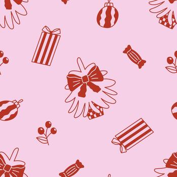 Coquette aesthetic seamless pattern. elegant background with Christmas tree and bow, candies, gifts. Outline retro pattern on pink background. vector
