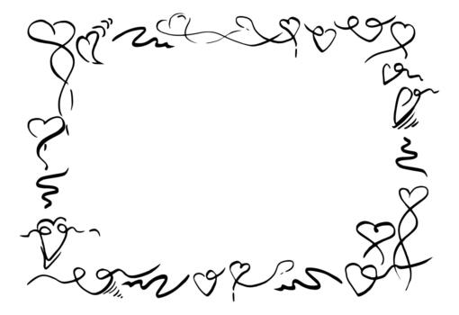 Playful whimsical doodle sketch hearts, beating pulse lines aligned in rectangular shape. Hand drawn frame in pen and ink. Love-themed layout, wedding invitation, Valentine romantic template vector