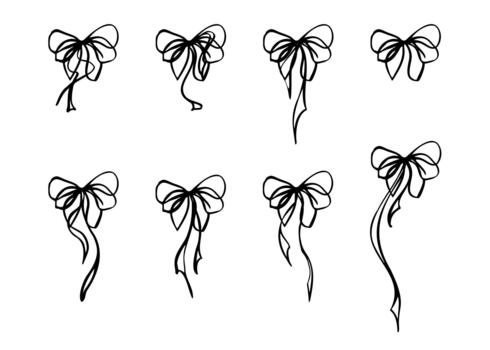 Decorative ink ribbon bows in various shapes, double loop, butterfly, and knot styles. isolated objects hand drawn in flat minimal design. Stationery, digital planners, and branding accents. vector