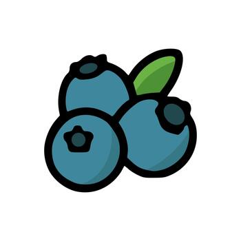 Colorful blueberry cluster with bold black outline, smooth gradients, and simple leaf in flat modern style vector