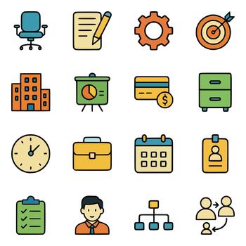 Clean modern icons for corporate use showing office tools, management charts, clipboard, targets, and filing cabinet vector
