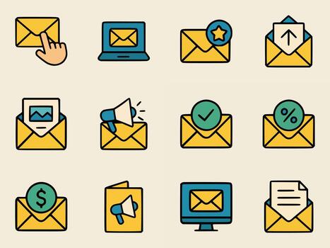 Flat design envelope icons for newsletter promotion, email notification, digital ads, and communication isolated on light background vector