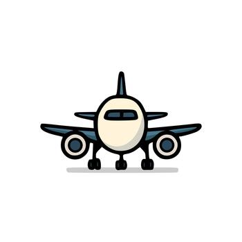 Flat illustration of an airplane viewed from the front, showing its nose, wings, and engines vector
