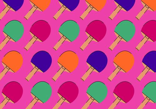 Creative table tennis seamless pattern. Multicolored texture of tennis racket and ball on pink background. Cartoon flat design concept of sport game. Design template for use in decor and printing. vector