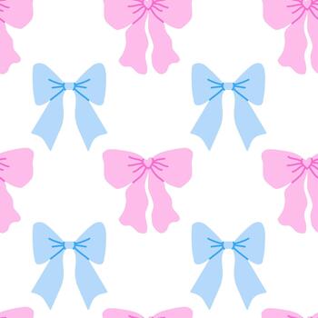 sin costura modelo presentando mezcla de rosado y azul arcos en encantador dibujos animados estilo. ilustración con repitiendo cinta arco formas aislado en blanco antecedentes. vector