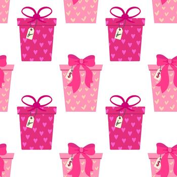 Seamless pattern featuring pink present boxes with ribbon bows and scattered decorative shapes, illustration in repeating layout vector