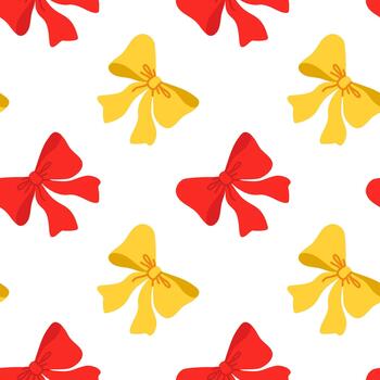 sin costura modelo con linda rojo y amarillo arcos en brillante dibujos animados plano estilo, ilustración de cinta arco elementos arreglado en repitiendo diseño en blanco antecedentes. vector