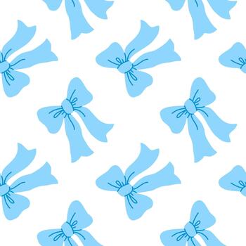 sin costura modelo con linda azul arcos en dibujos animados estilo, ilustración de cinta arco elementos arreglado en repitiendo diseño en blanco antecedentes. Perfecto para envase papel, embalaje y decoración. vector