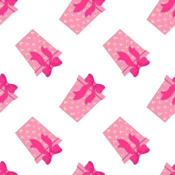 Seamless pattern with pink gift boxes decorated with soft ribbon bows and gentle heart elements. vector