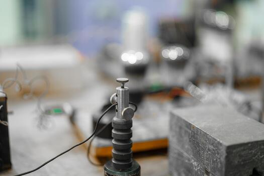 Precision instrument on a workshop table surrounded by various tools and equipment in a busy manufacturing setting photo