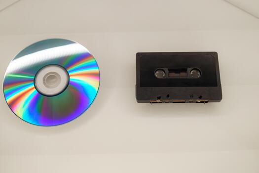 Retro multimedia tools show transition from cassette tape to CD in modern display photo
