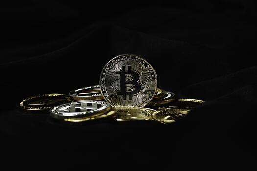 Cryptocurrency on black background. Bitcoin and blockchain system. photo