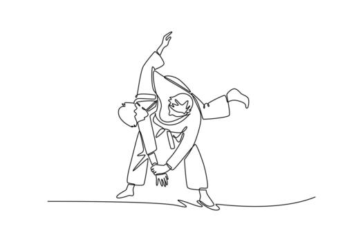 soltero uno línea dibujo dos hombres son ejecutando sacrificio lanzar en judo, con uno figura desequilibrar otro. fluido movimiento y poderoso técnica. continuo línea dibujar diseño gráfico ilustración vector