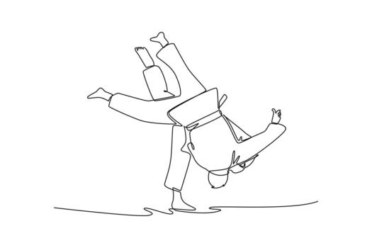 continuo uno línea dibujo dos hombres son ejecutando dinámica cadera tirar, con uno figura invertido en aire durante ejecución de judo o marcial letras. soltero línea dibujar diseño gráfico ilustración vector