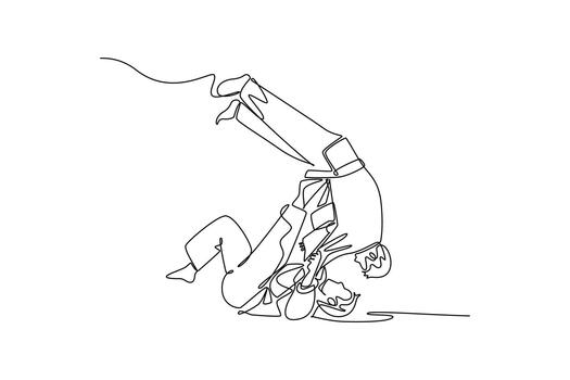soltero continuo línea dibujo dos hombres son ejecutando lanzar o sacrificio técnica, con uno figura invertido en aire durante ejecución de judo deporte. uno línea dibujar gráfico diseño ilustración vector